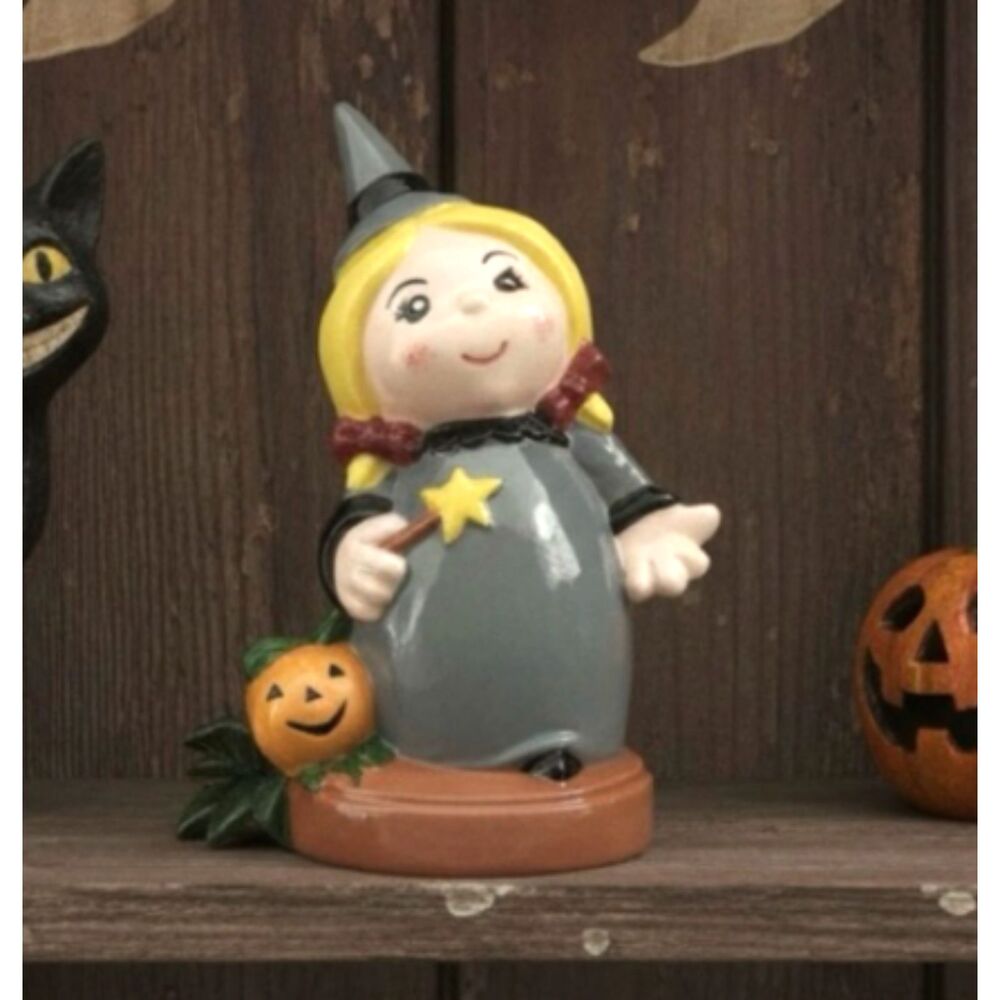 Witch Ceramic Girl Figurine Holding Wand W/ Jack O'Lantern Pumpkin Vtg Halloween